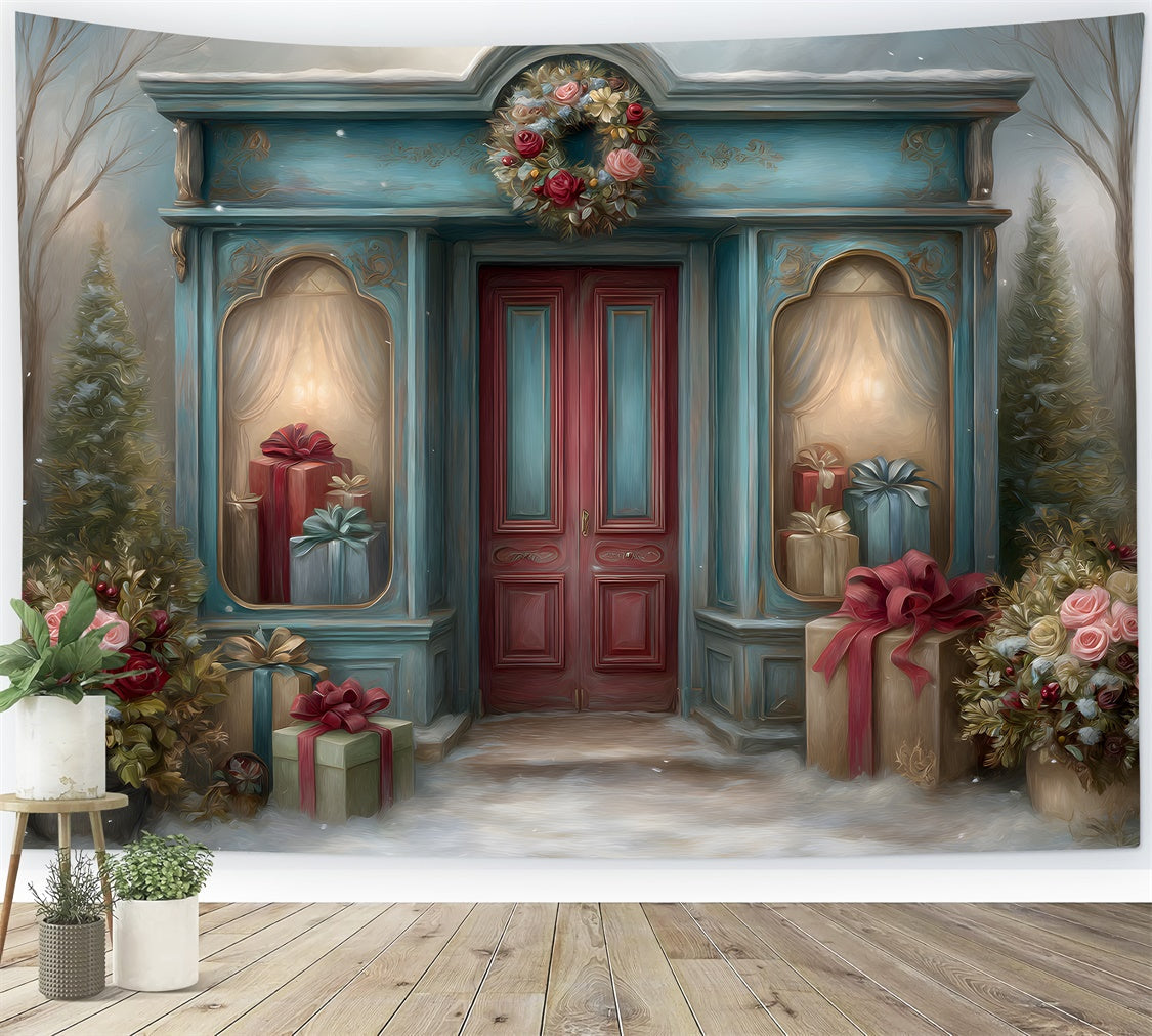 Toile de fond Noël Porte Rouge Boutique Cadeaux par Magali