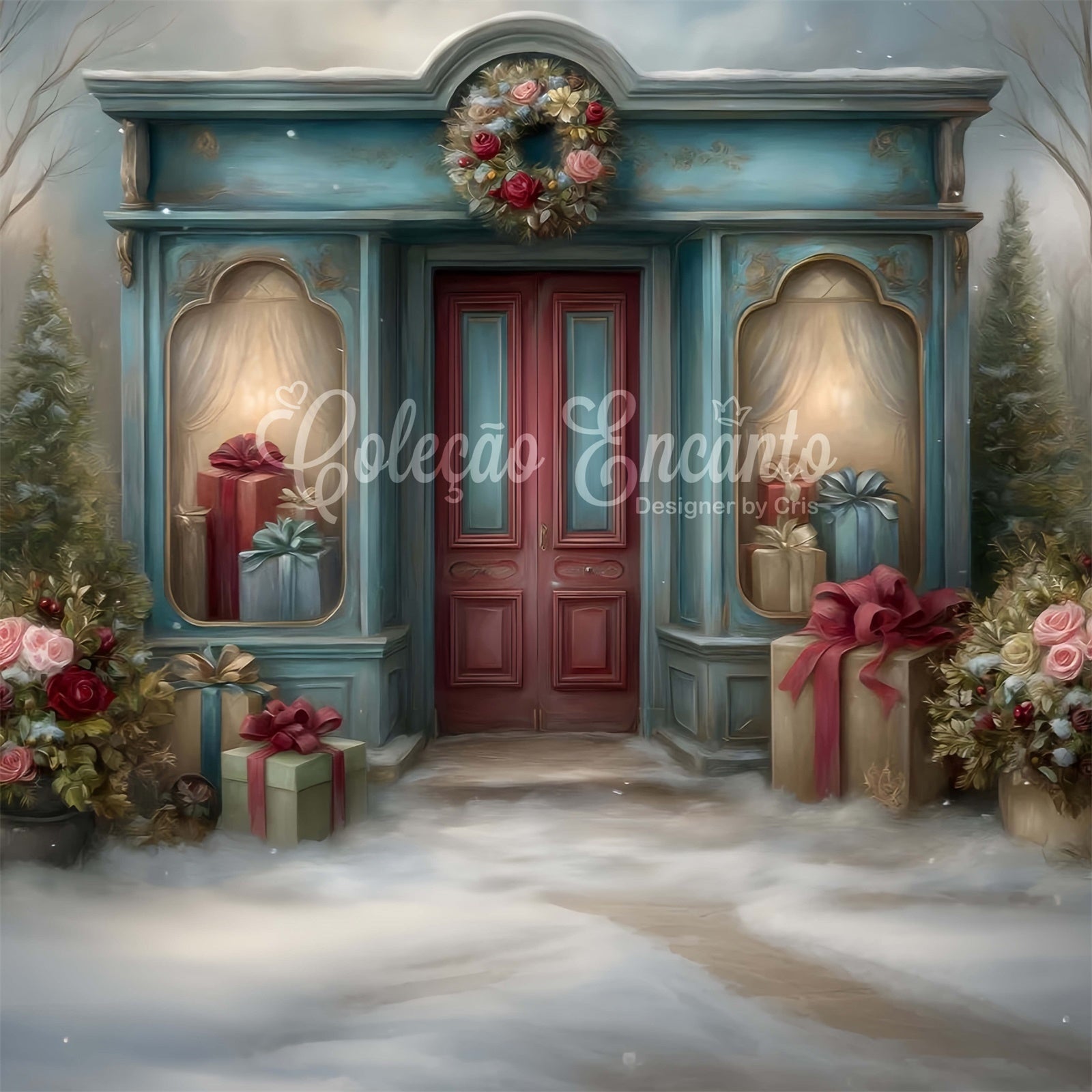 Toile de fond Noël Porte Rouge Boutique Cadeaux par Magali