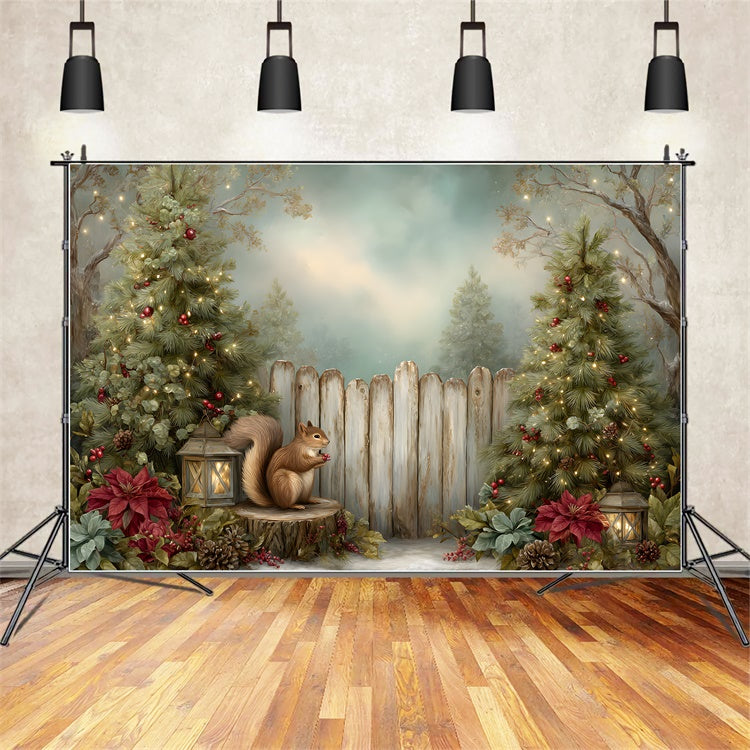 Toile de fond Noël Écureuil Sapin Clôture par Magali
