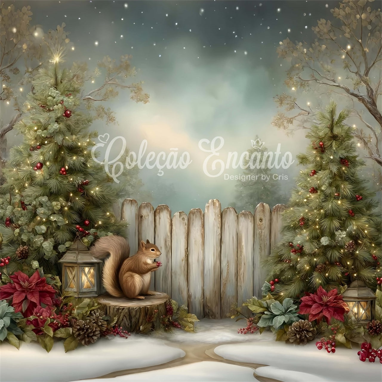 Toile de fond Noël Écureuil Sapin Clôture par Magali