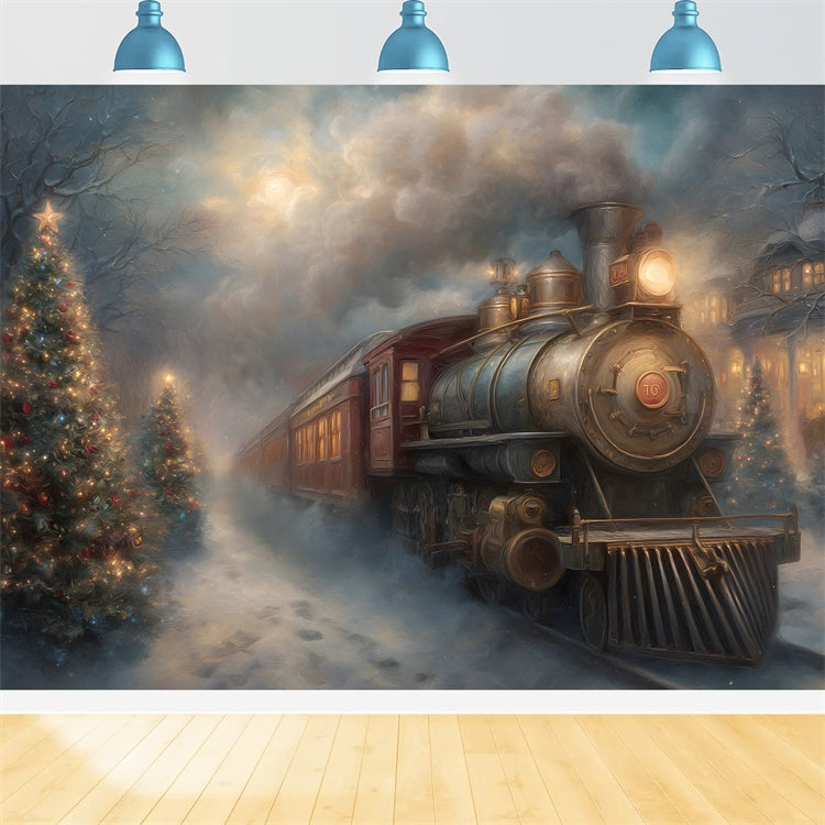 Toile de fond Photo Noël Train Vintage Nuit d’Hiver par Magali