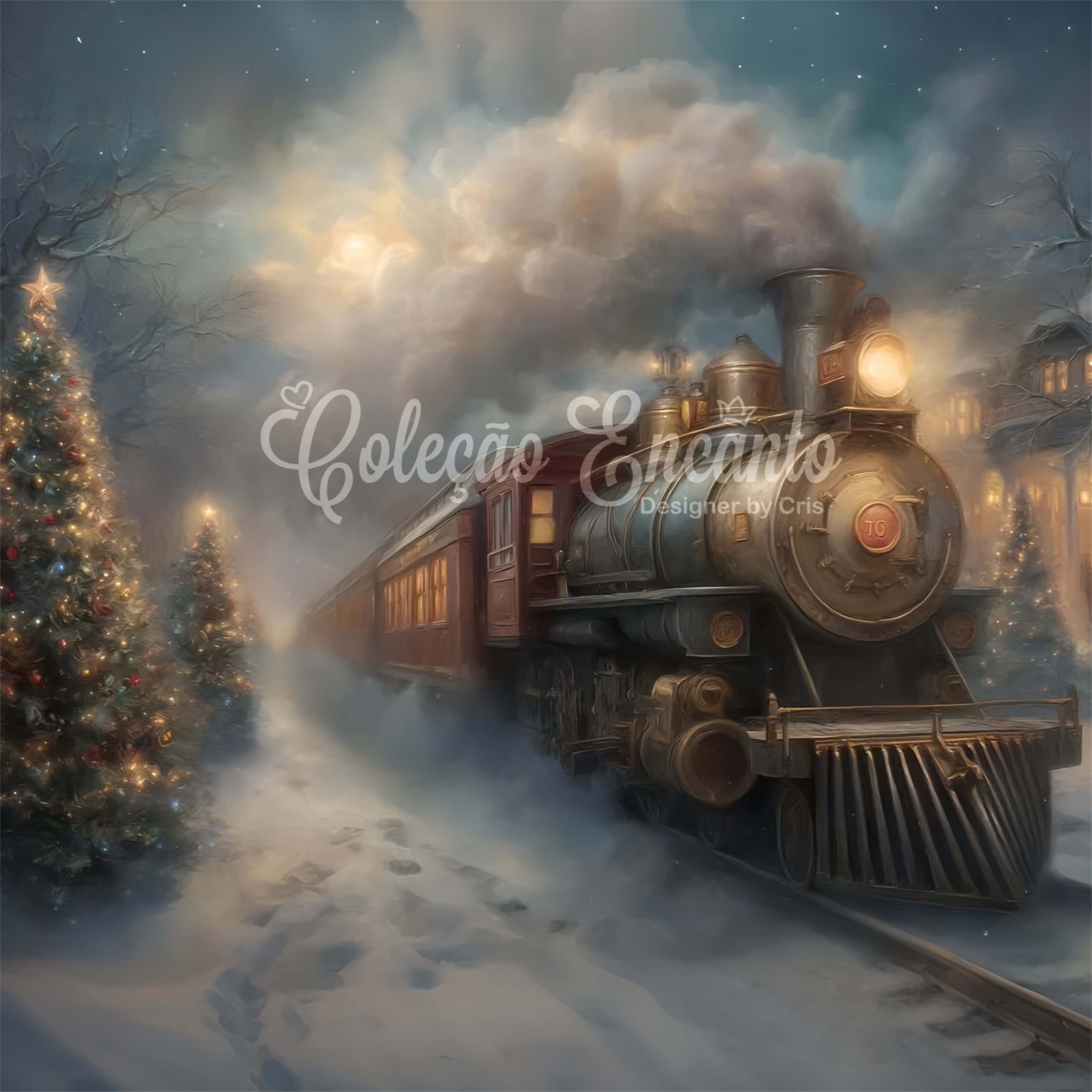 Toile de fond Photo Noël Train Vintage Nuit d’Hiver par Magali