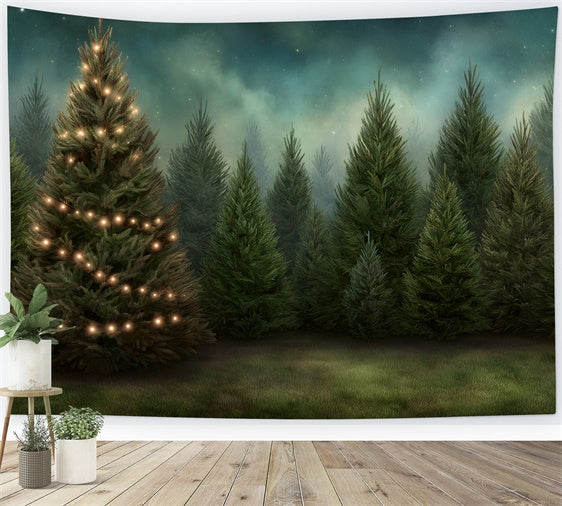 Toile de fond Noël Forêt de Sapins Scintillante par Magali