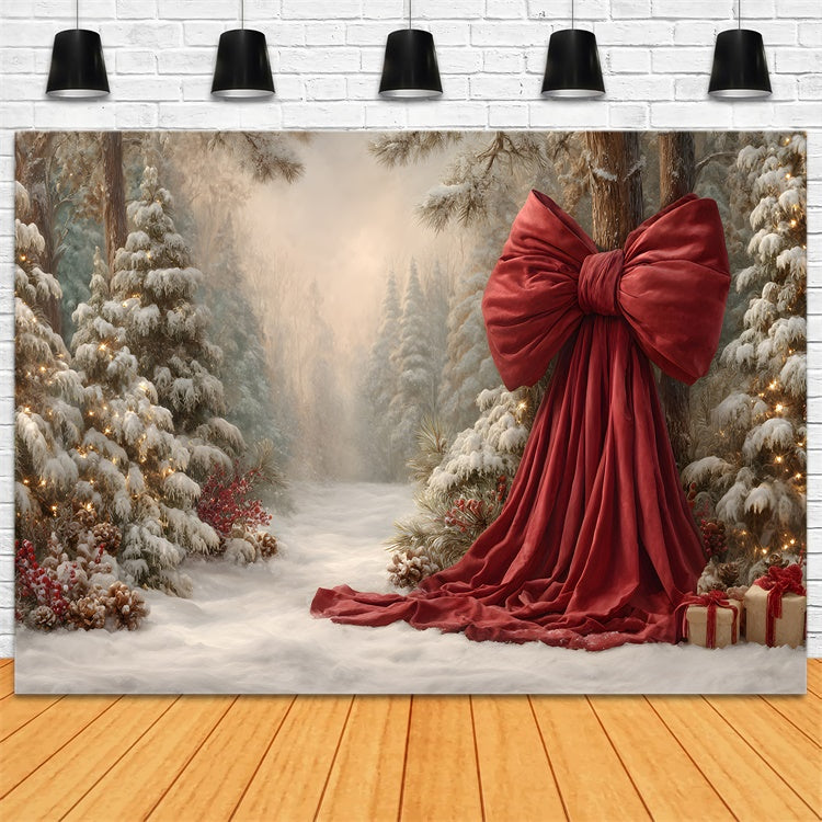 Toile de fond Noël Forêt Enneigée Nœud Festif par Magali