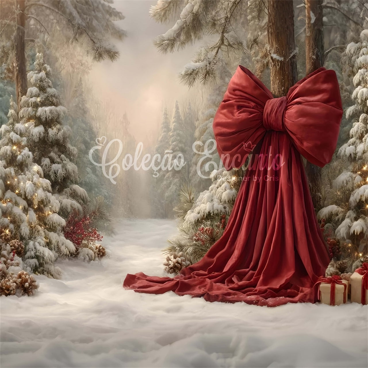 Toile de fond Noël Forêt Enneigée Nœud Festif par Magali