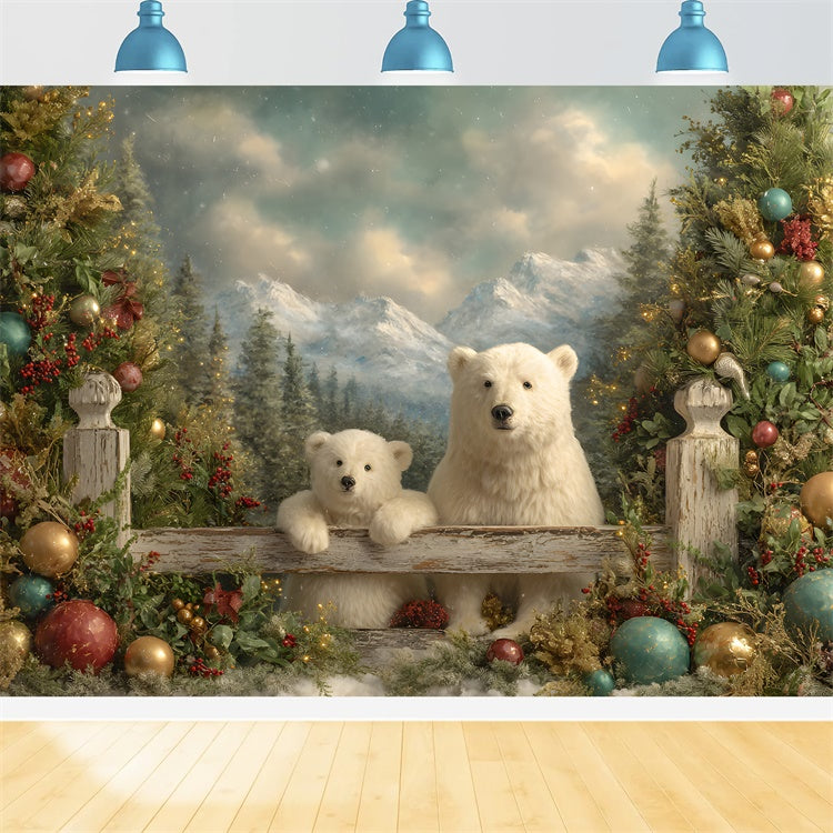 Toile de fond Noël Ours Polaires Vue Montagne par Magali
