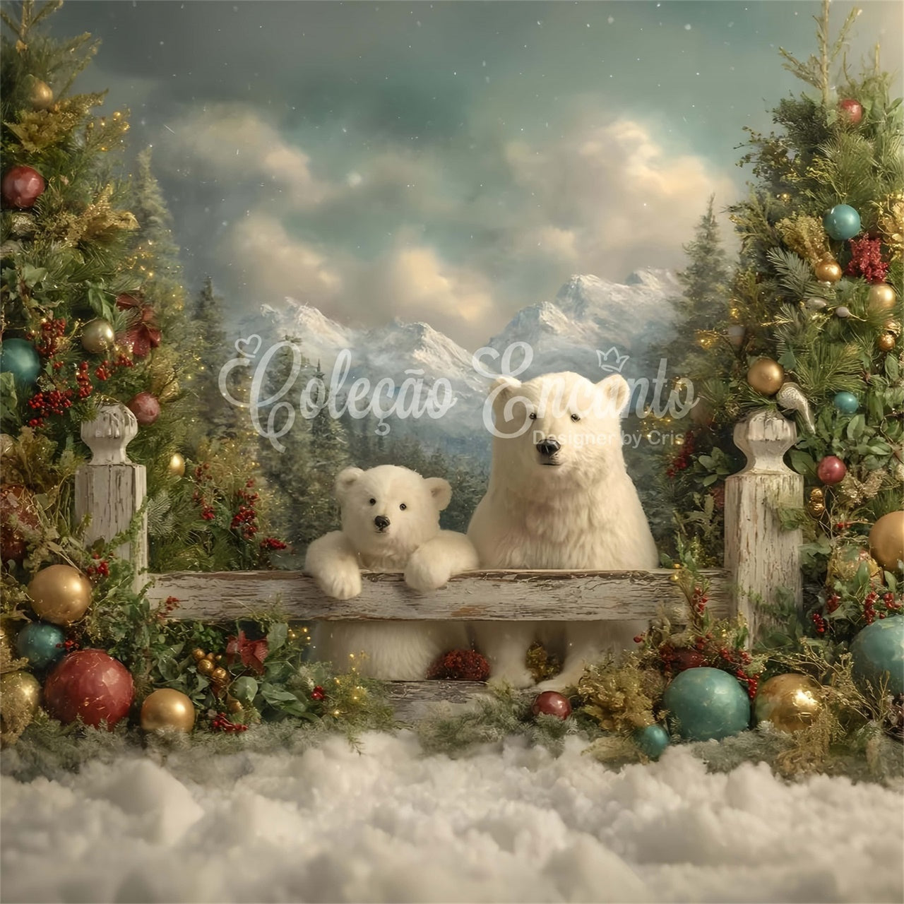 Toile de fond Noël Ours Polaires Vue Montagne par Magali