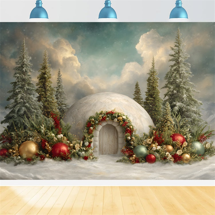 Toile de fond Photo Noël Maison de Neige Fleurs Forêt par Magali