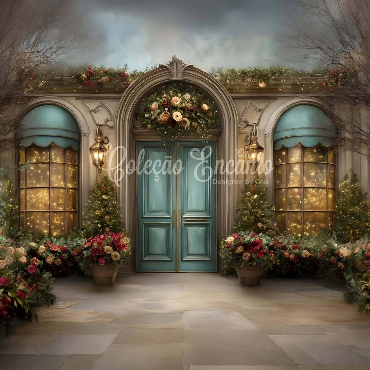 Toile de fond Photo Noël Porte Cintrée Fleurs par Magali