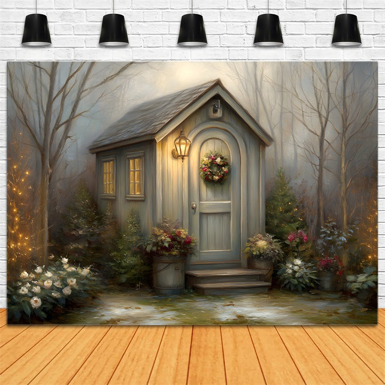Toile de fond Noël Chalet Hivernal Forêt Couronne par Magali