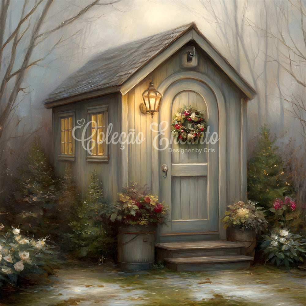 Toile de fond Noël Chalet Hivernal Forêt Couronne par Magali