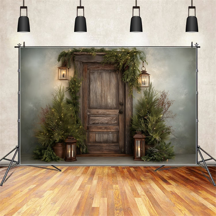 Toile de fond Noël Porte en Bois Rustique Verdure par Magali