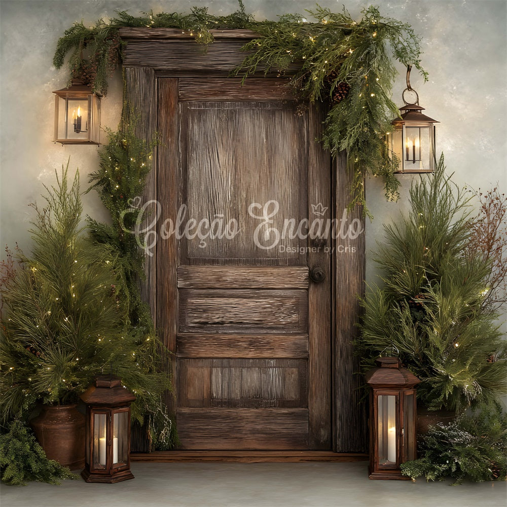 Toile de fond Noël Porte en Bois Rustique Verdure par Magali