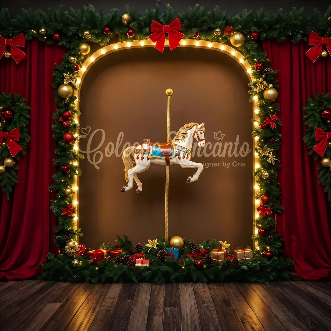 Toile de fond Noël Théâtre Rouge Guirlande Carrousel par Magali