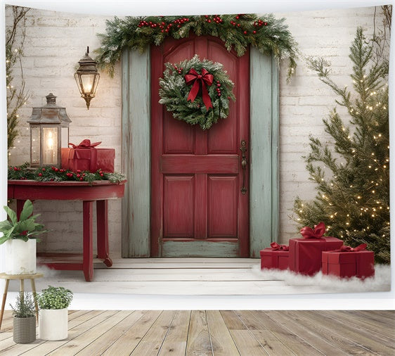 Toile de fond de Noël Porte Rouge Couronne Cadeaux par Magali