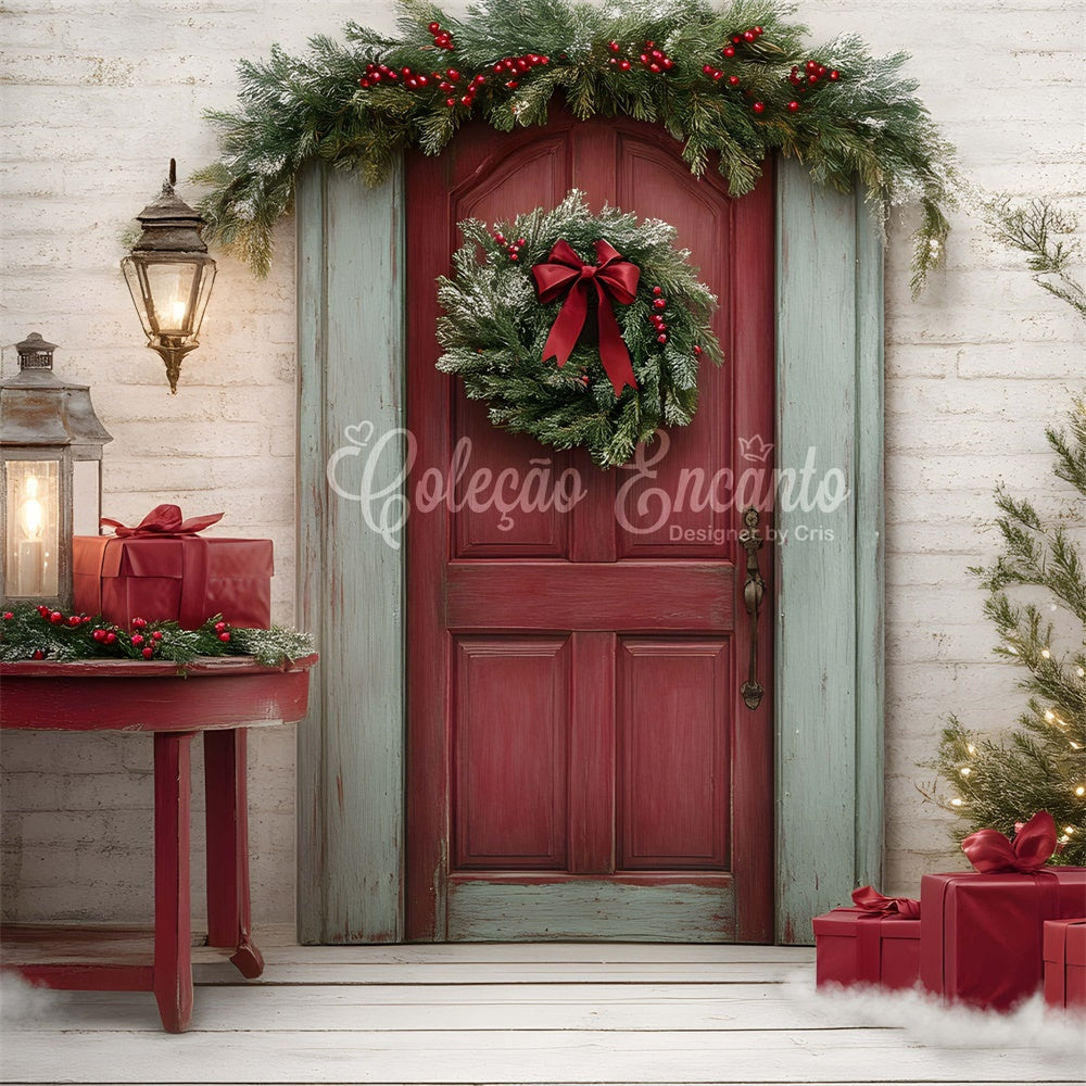 Toile de fond de Noël Porte Rouge Couronne Cadeaux par Magali
