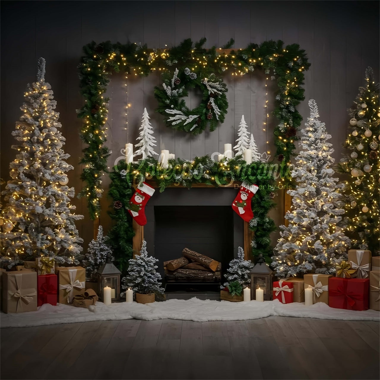 Toile de fond Noël Cheminée Présents Mise en Scène par Magali
