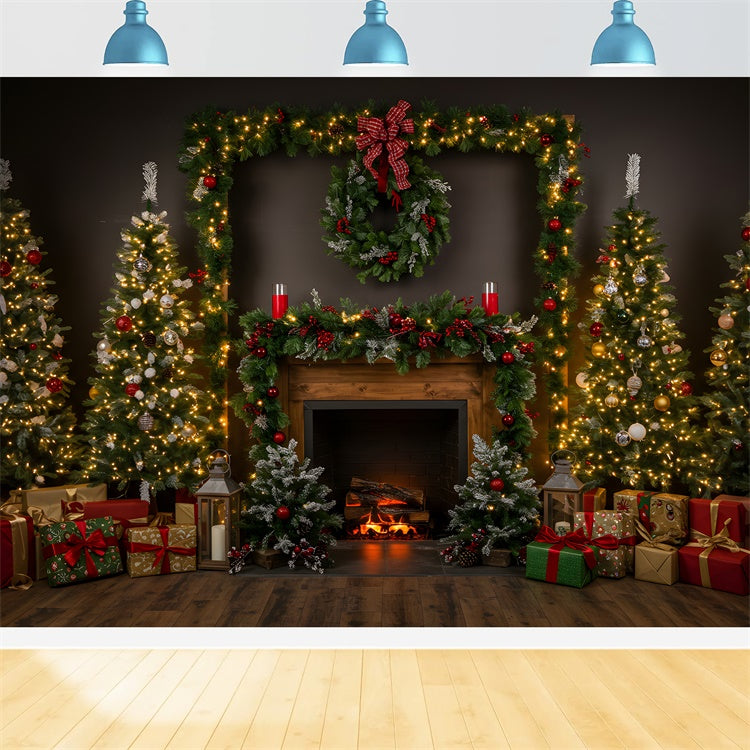 Toile de fond Noël Cheminée Douillette Guirlande Sapin par Magali