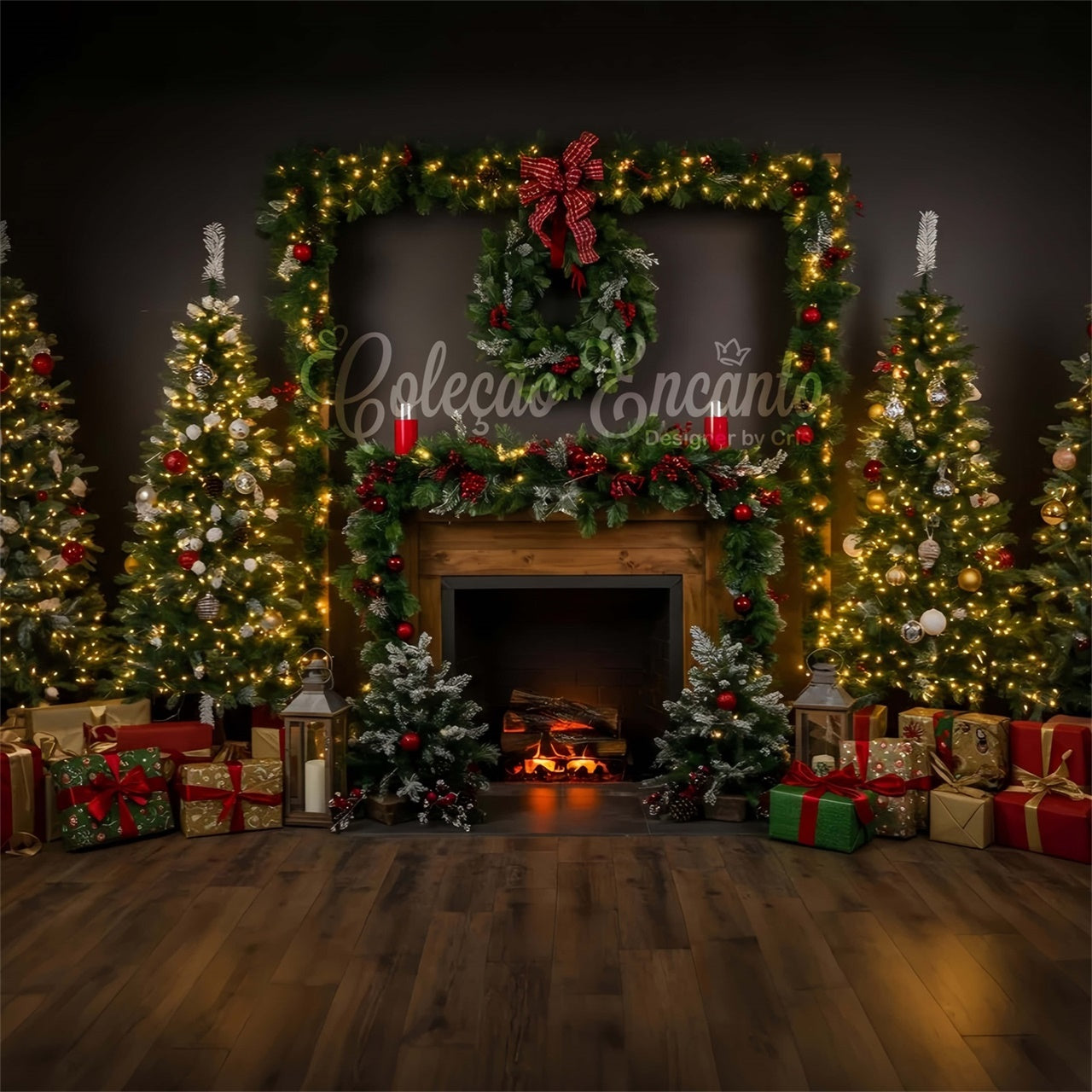 Toile de fond Noël Cheminée Douillette Guirlande Sapin par Magali