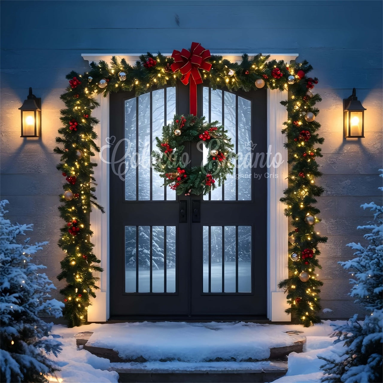Toile de fond Noël Porche de Noël Couronne Lumière par Magali