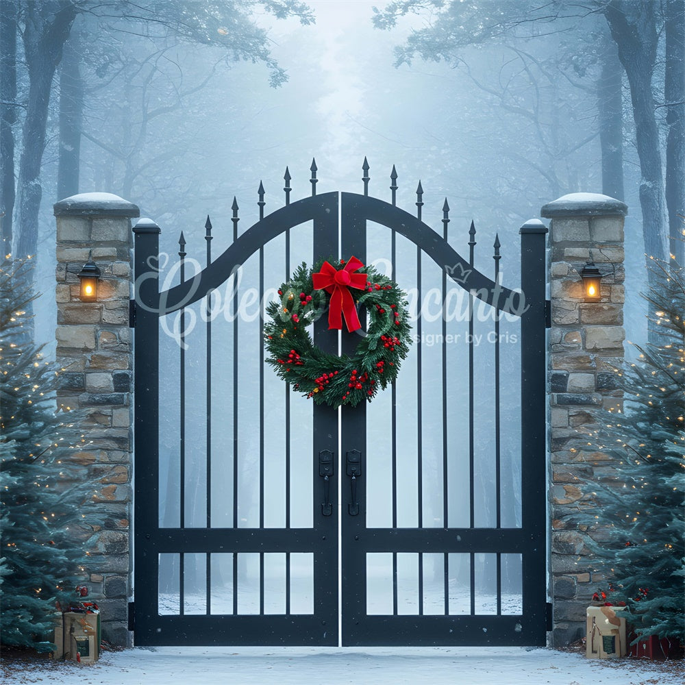 Toile de fond de Noël Forêt Enneigée Portail en Fer par Magali