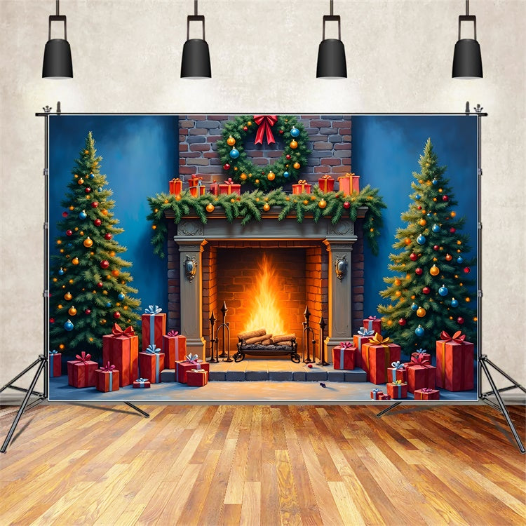 Toile de fond Noël Cheminée Guirlande Arbre par Magali