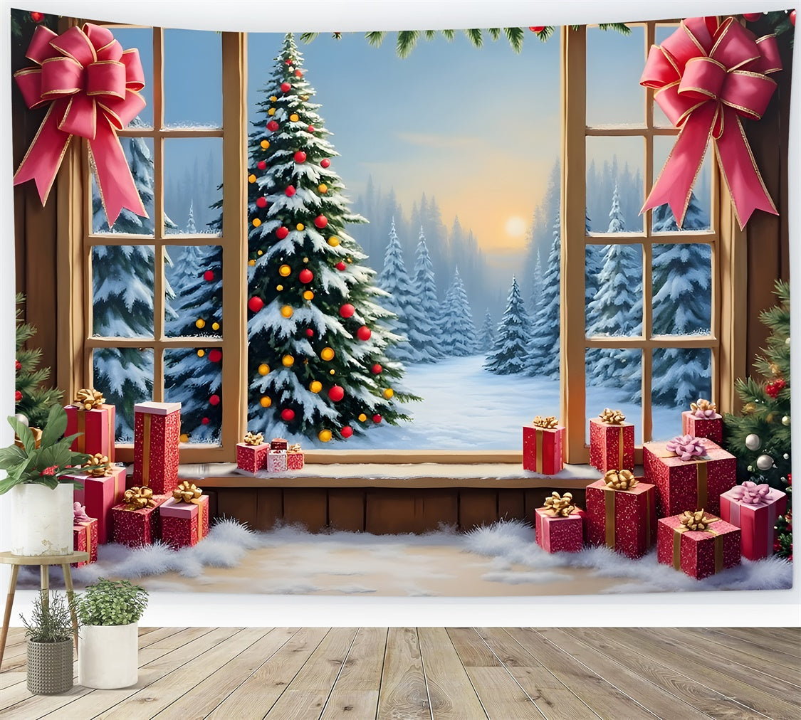 Toile de fond Noël Fenêtre Forêt Enneigée Cadeaux par Magali