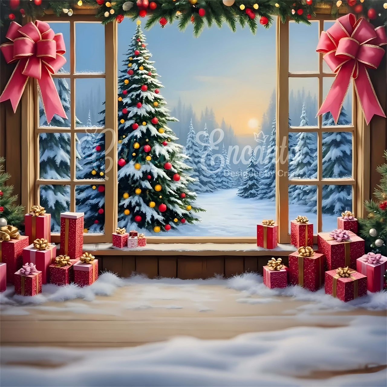 Toile de fond Noël Fenêtre Forêt Enneigée Cadeaux par Magali