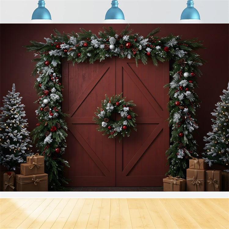 Toile de fond Noël Porte Rouge Rustique Couronne par Magali