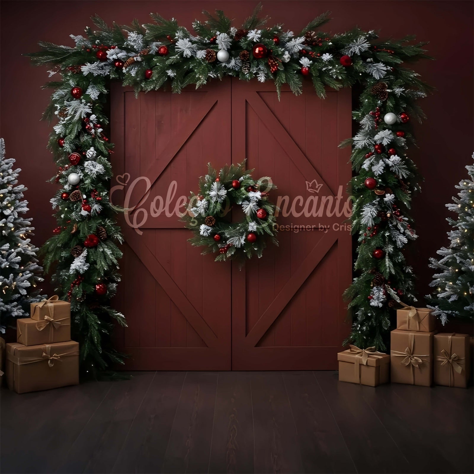 Toile de fond Noël Porte Rouge Rustique Couronne par Magali