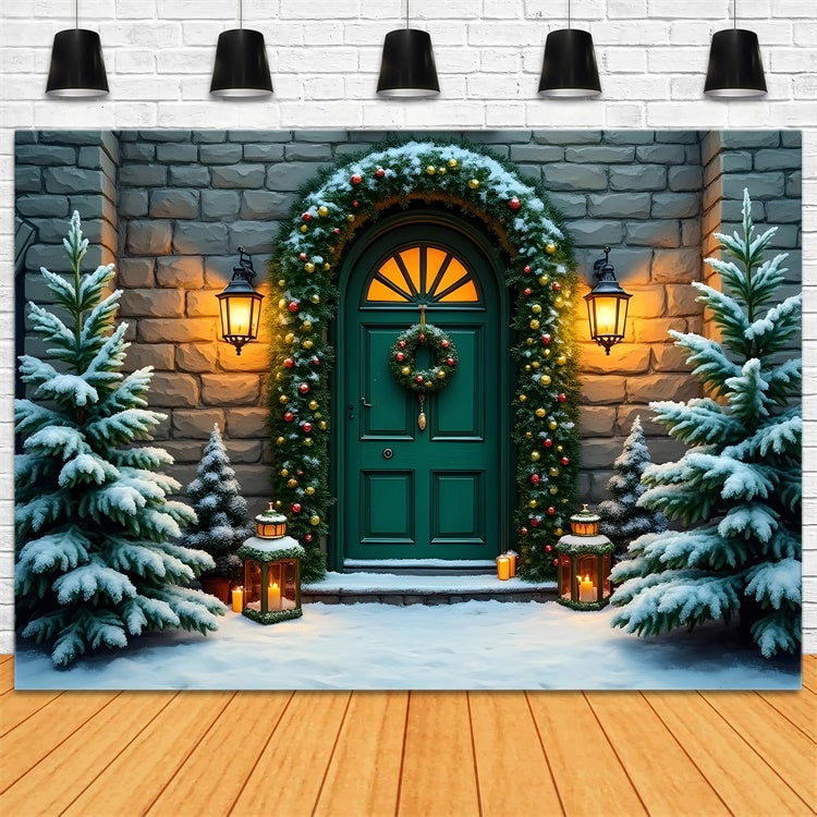 Toile de fond Noël Mur en Pierre Couronne Porte Verte par Magali