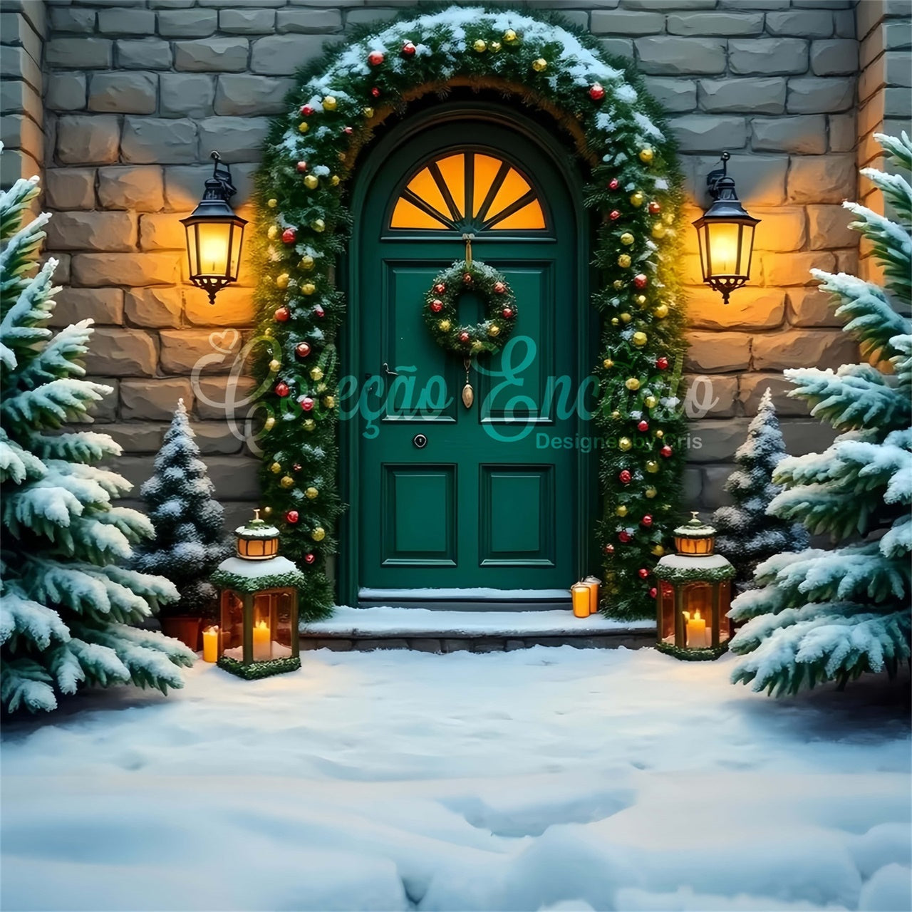 Toile de fond Noël Mur en Pierre Couronne Porte Verte par Magali