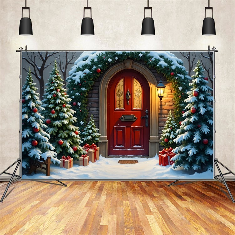 Toile de fond Noël Arbre Enneigé Porte Rouge par Magali
