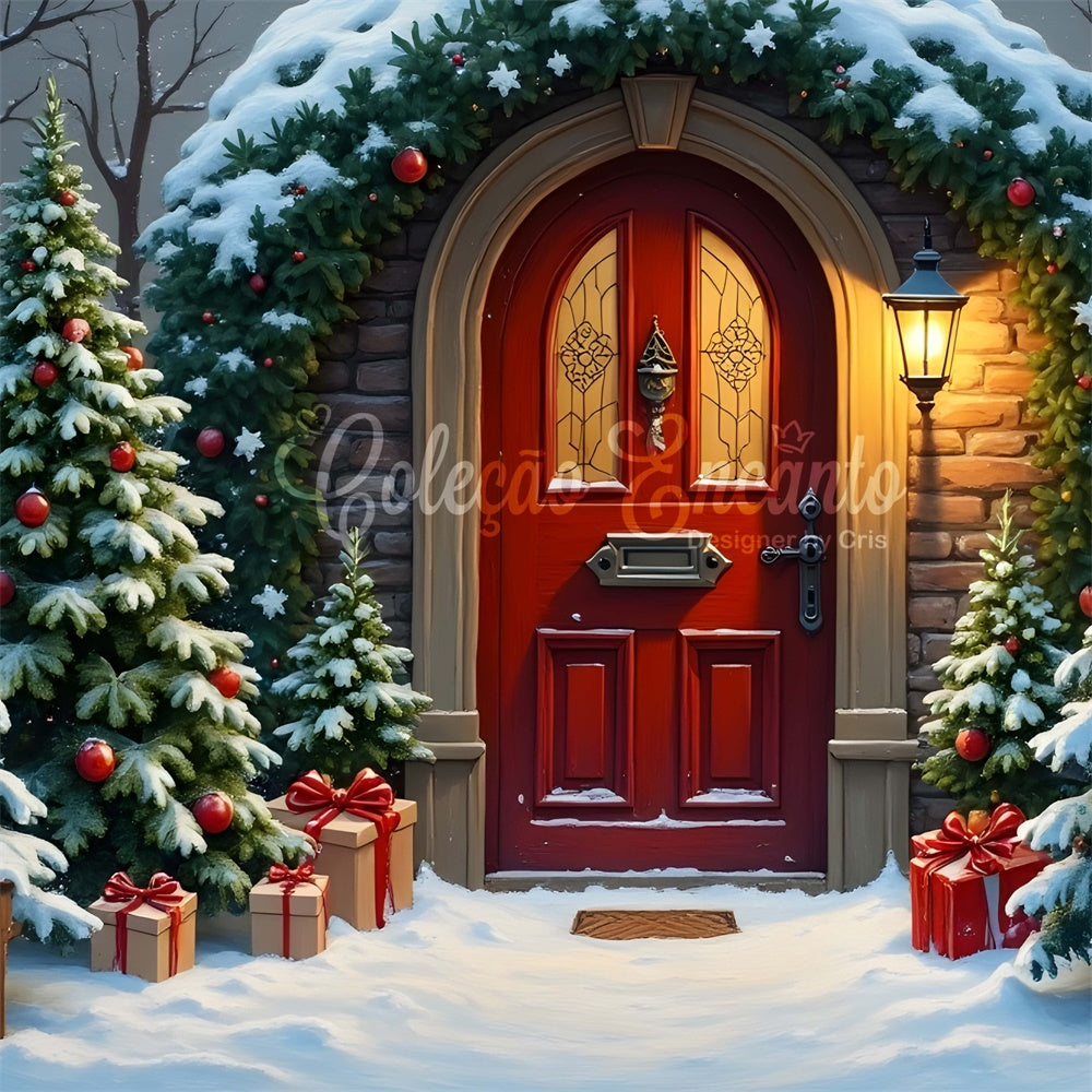 Toile de fond Noël Arbre Enneigé Porte Rouge par Magali