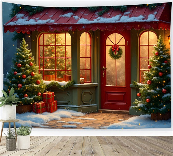Toile de fond de Noël Porte Rouge Pin Véranda par Magali
