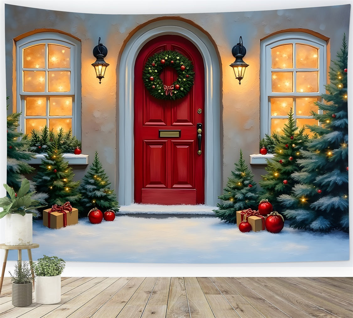 Toile de fond Noël Porte Rouge Pin Hiver par Magali