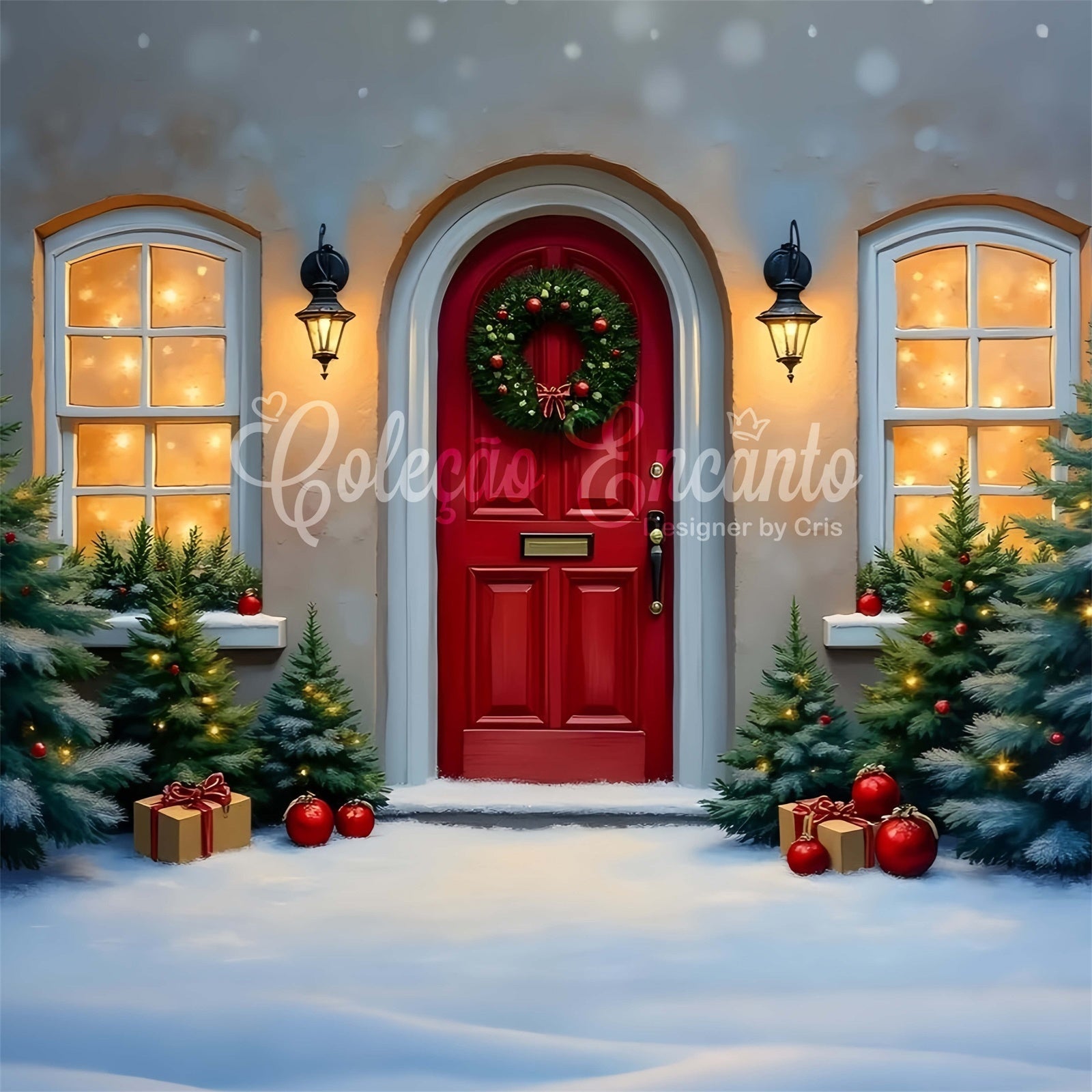 Toile de fond Noël Porte Rouge Pin Hiver par Magali