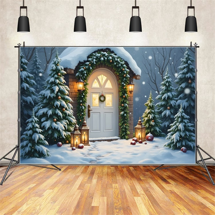 Toile de fond Noël Porte Lanterne Entrée Enneigée par Magali