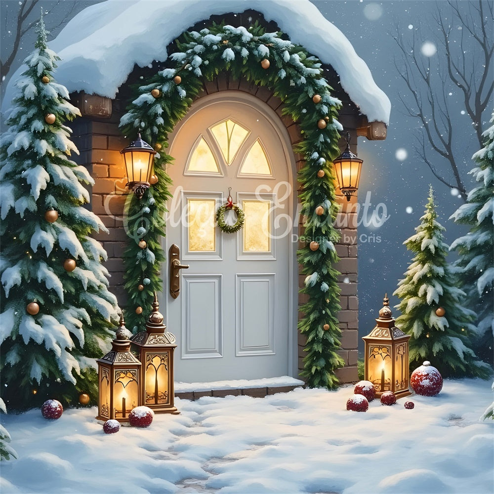 Toile de fond Noël Porte Lanterne Entrée Enneigée par Magali