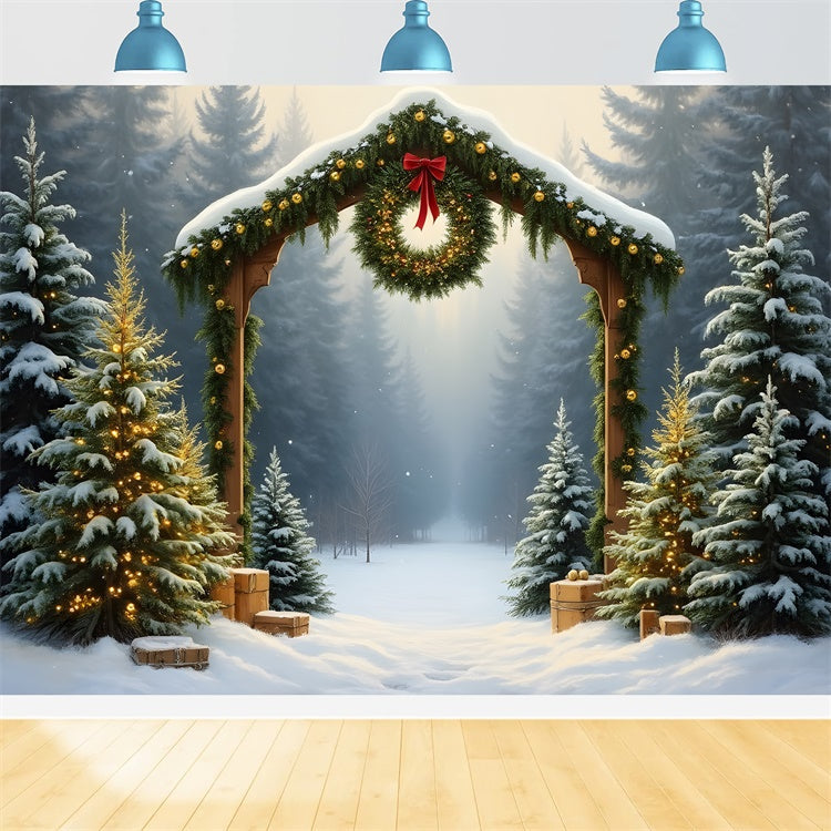 Toile de fond Noël Forêt Enneigée Arche Couronne par Magali