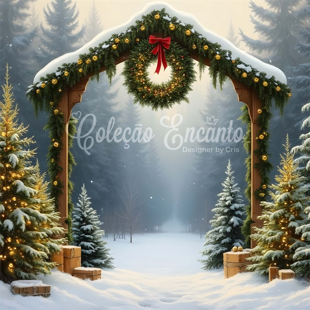 Toile de fond Noël Forêt Enneigée Arche Couronne par Magali