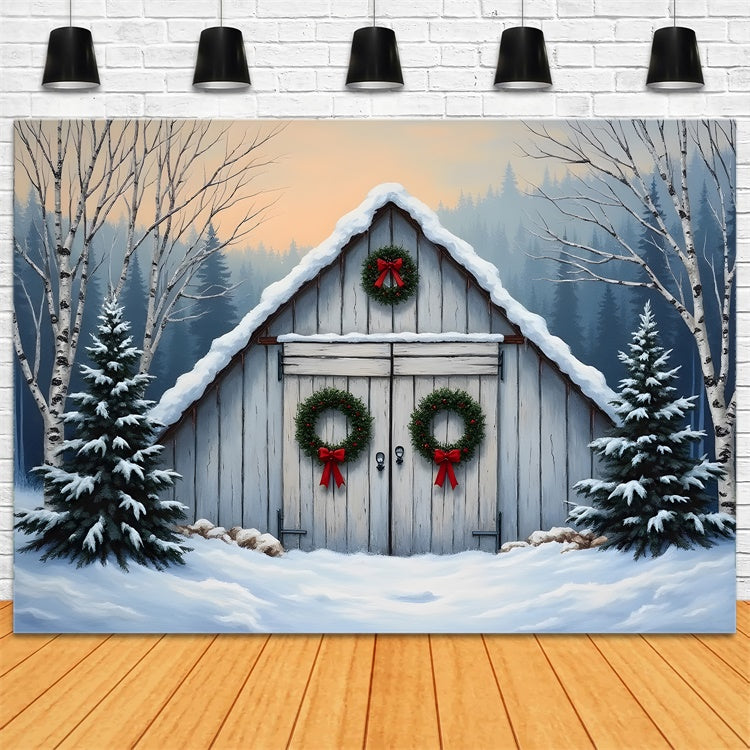 Toile de fond Noël Ferme Sapins Porte Grange Rustique par Magali