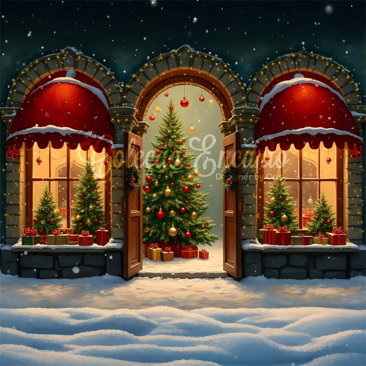Toile de fond Noël Arbre Fenêtre Cintrée Présentation par Magali