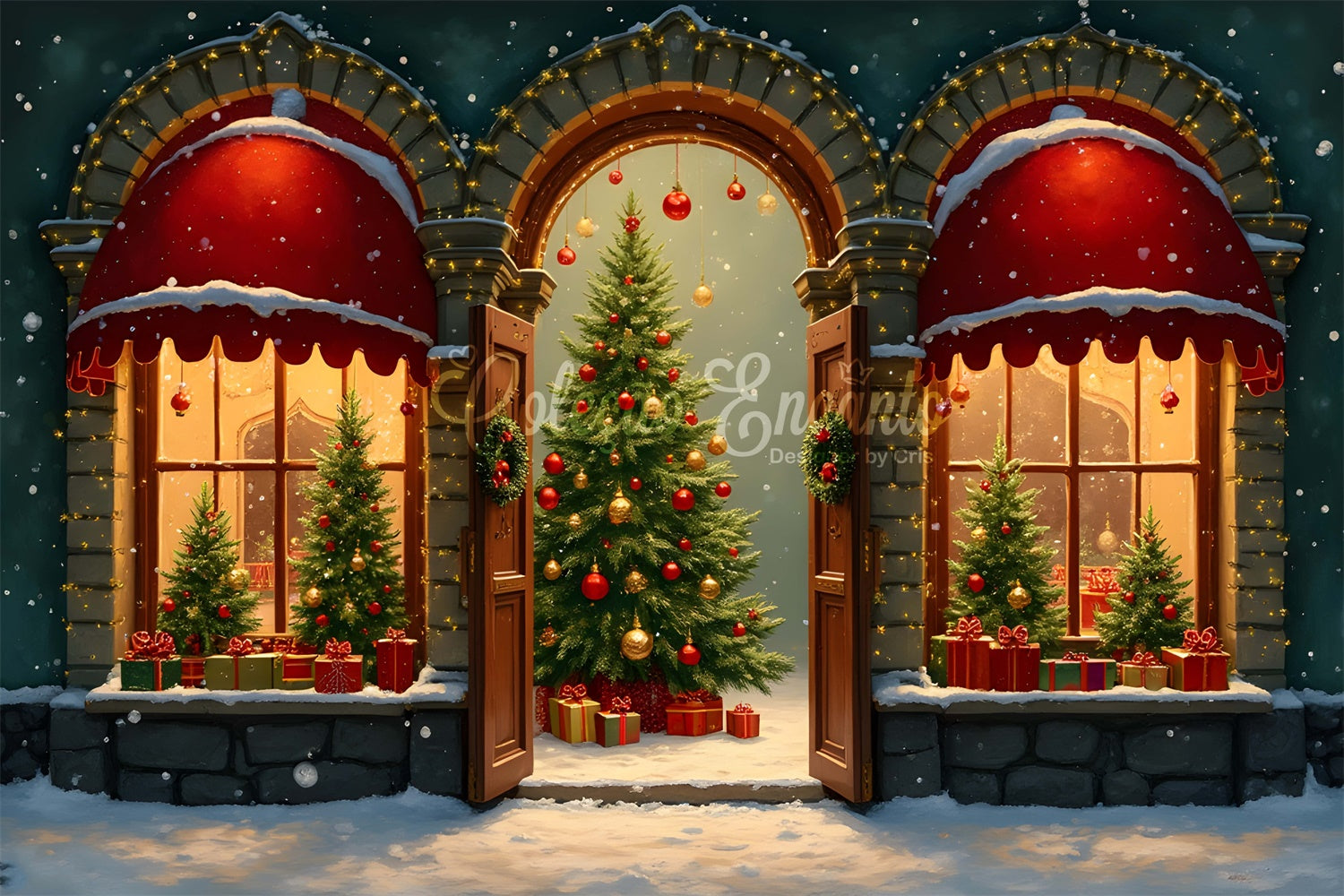 Toile de fond Noël Arbre Fenêtre Cintrée Présentation par Magali