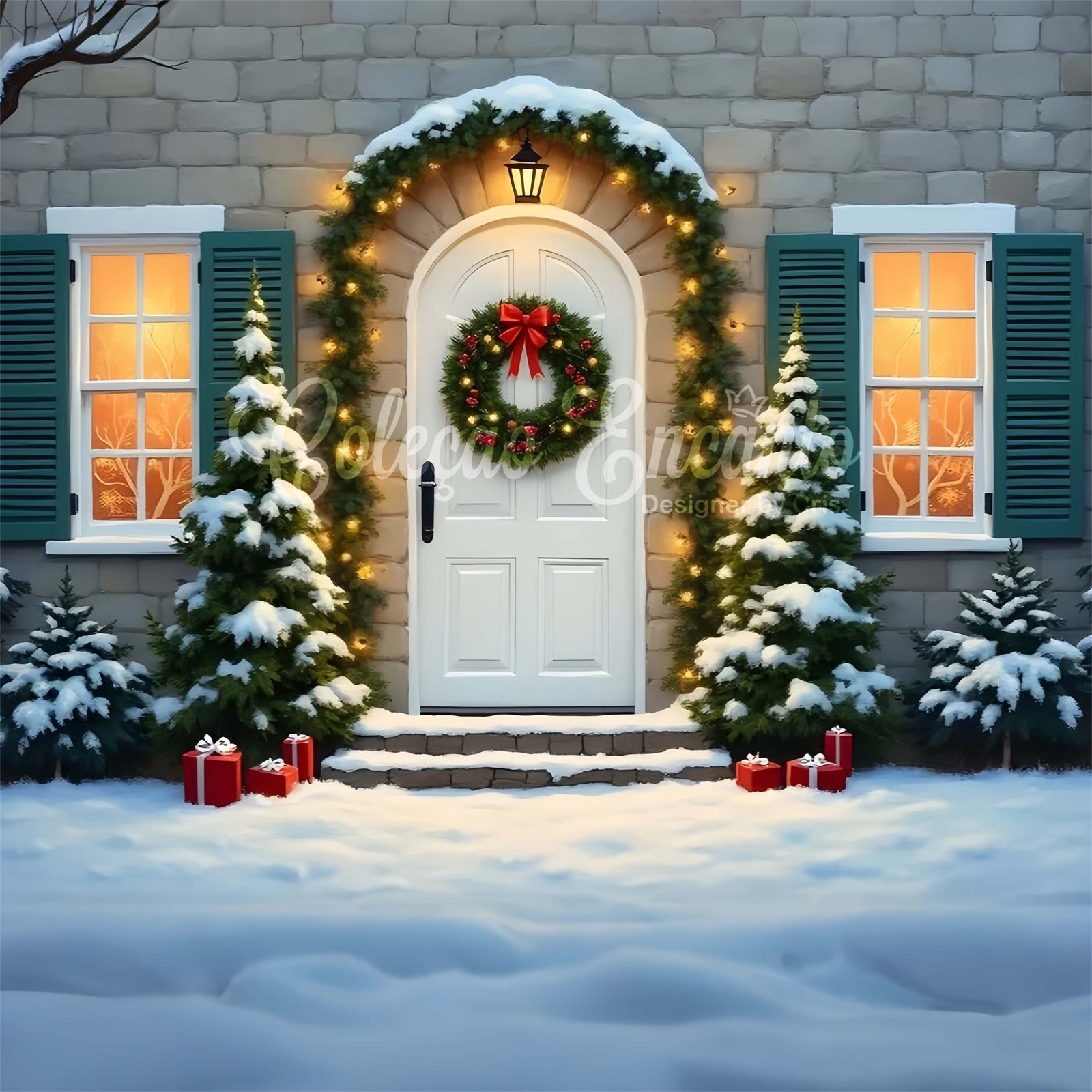 Toile de fond Noël Porte Guirlande de Pin par Magali