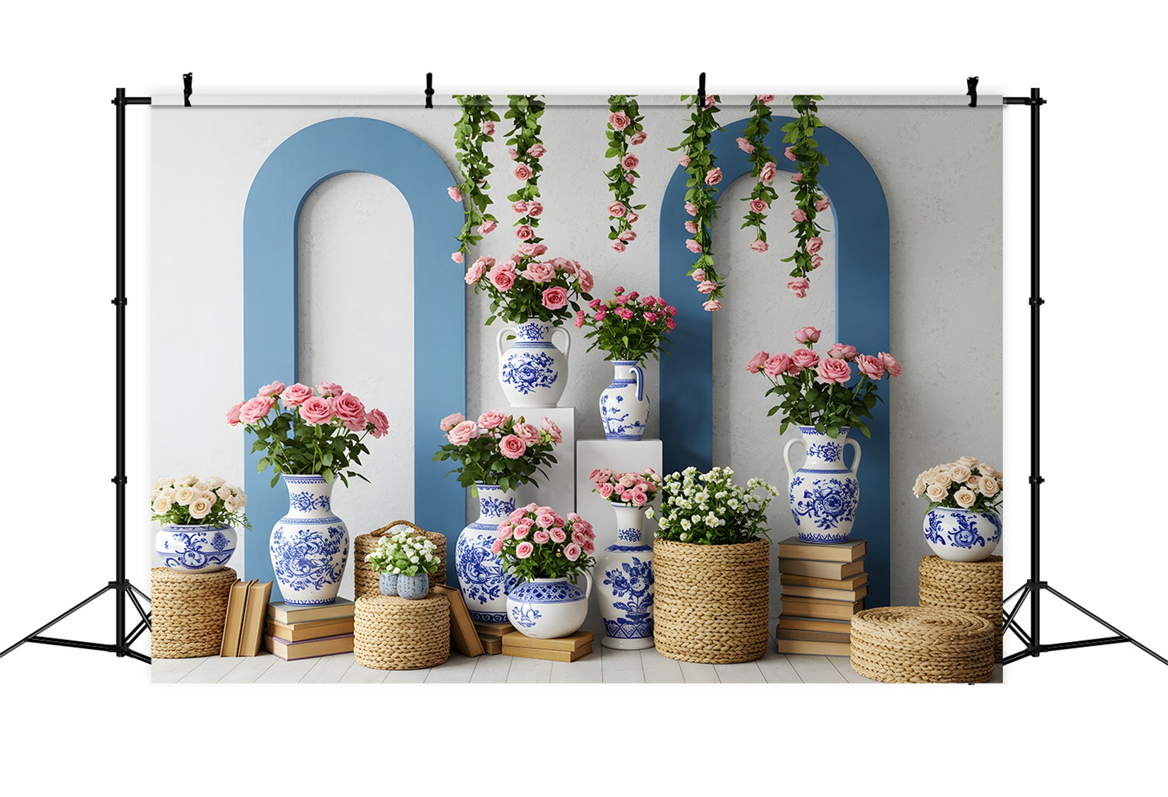 Toile de fond Fête des Mères Vase Bleu Blanc Floral Par Magali