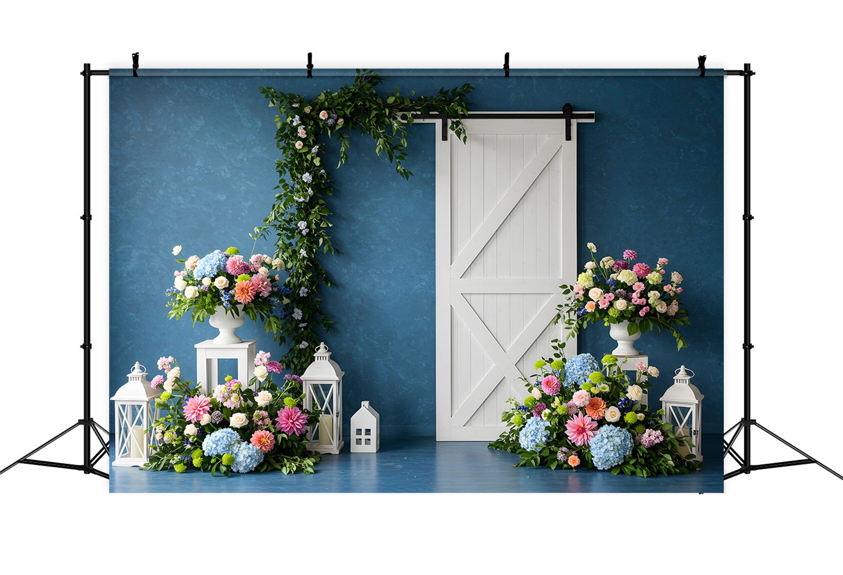 Toile de fond Studio Fête des Mères Mur Bleu Porte Blanche Florale Par Magali