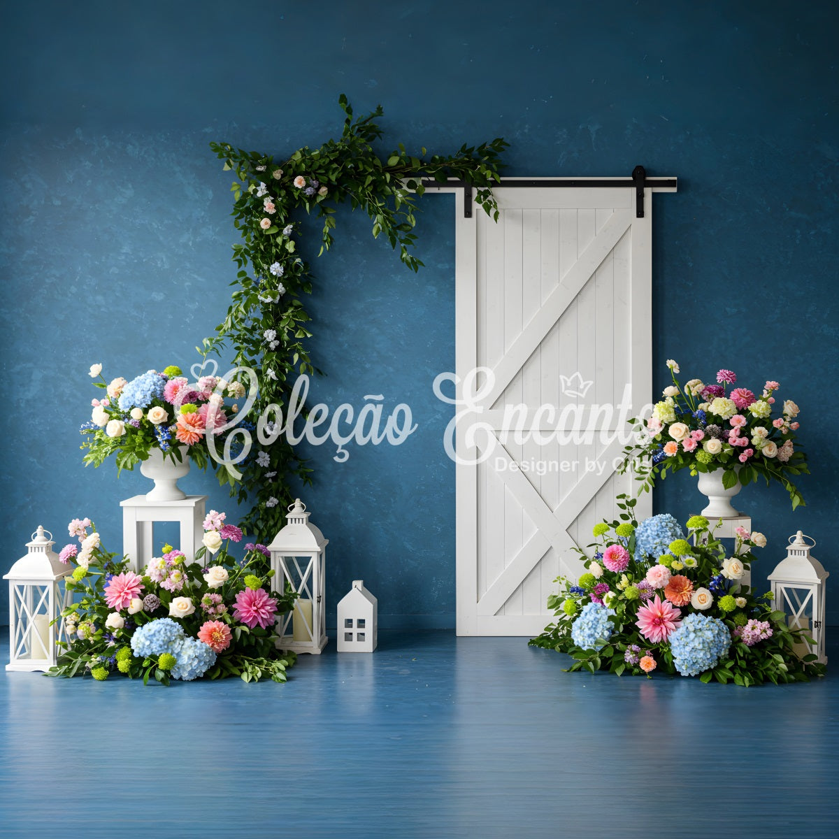 Toile de fond Studio Fête des Mères Mur Bleu Porte Blanche Florale Par Magali