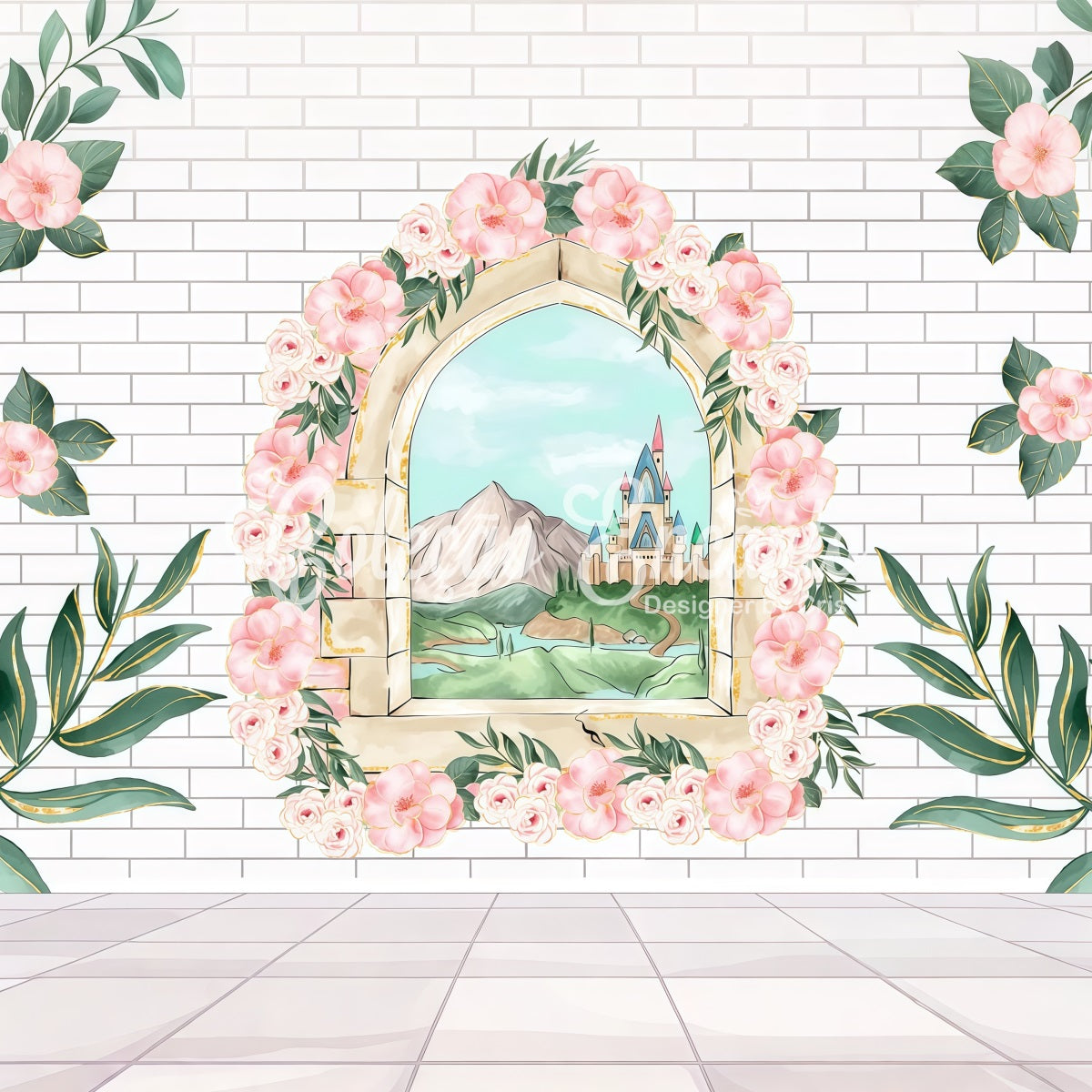 Toile de fond Nouveau-né Fenêtre Florale Mur Brique Par Magali