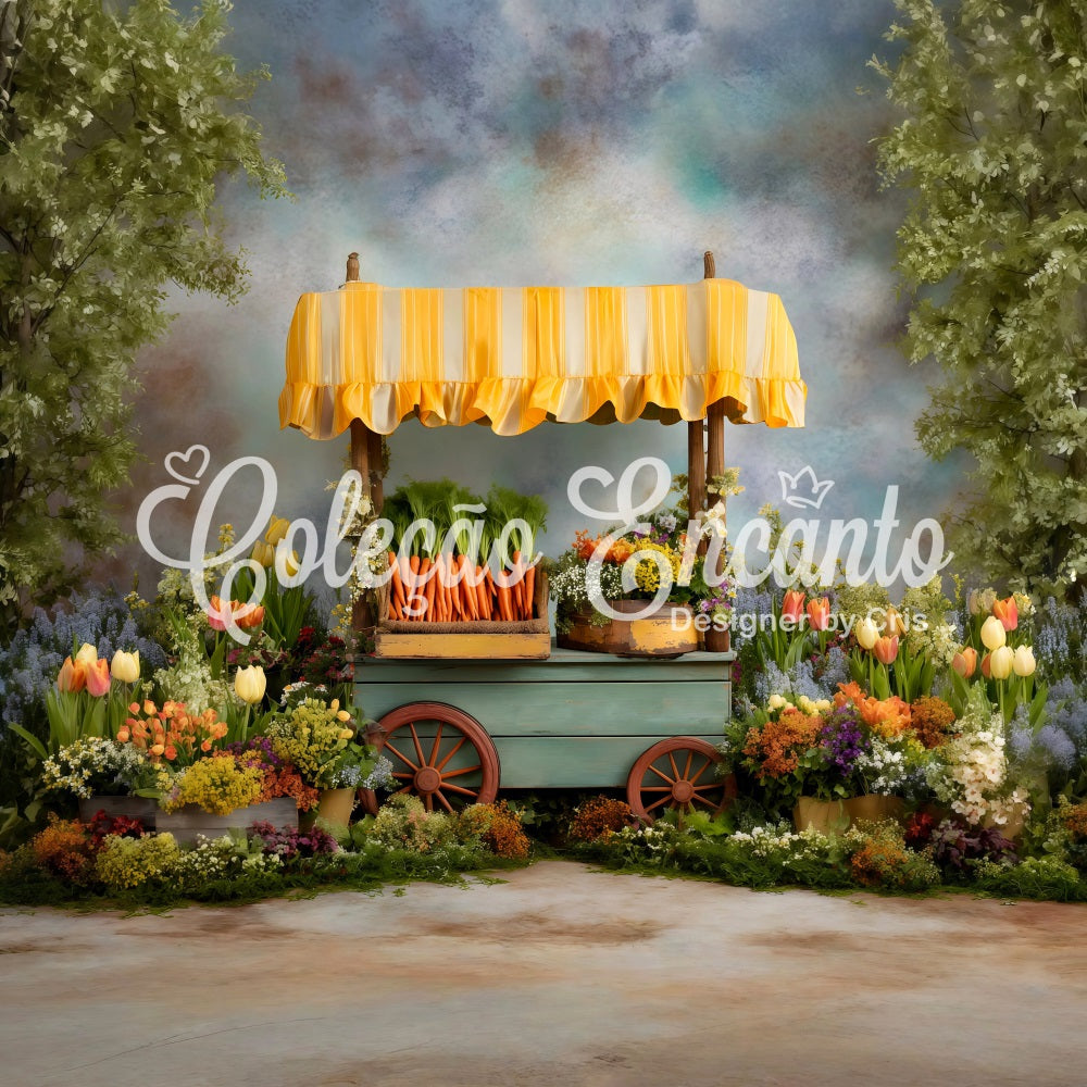 Toile de fond Photo Pâques Chariot Coloré Fleurs Printemps Par Magali
